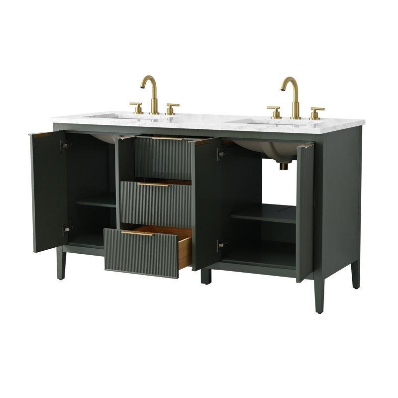 Vintage Yeşil Masif Ahşap ve MDF Yivli Çekmeceli Çift Lavabolu Ayaklı Banyo Dolabı - 153 cm - 197766