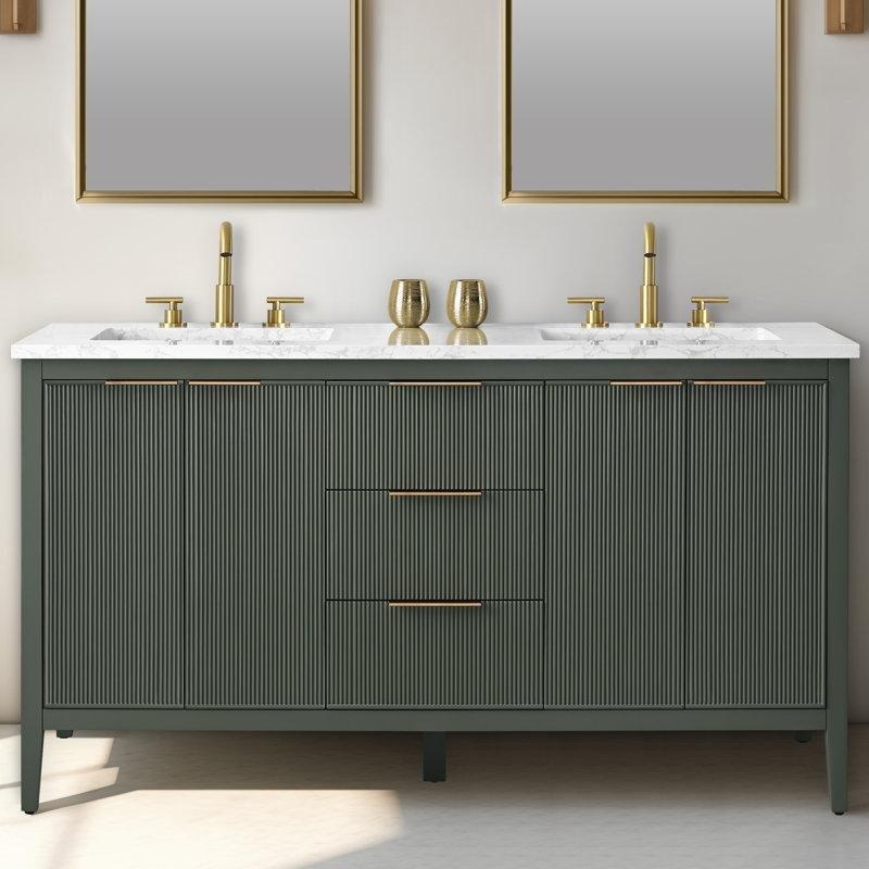 Vintage Yeşil Masif Ahşap ve MDF Yivli Çekmeceli Çift Lavabolu Ayaklı Banyo Dolabı - 153 cm - 197766