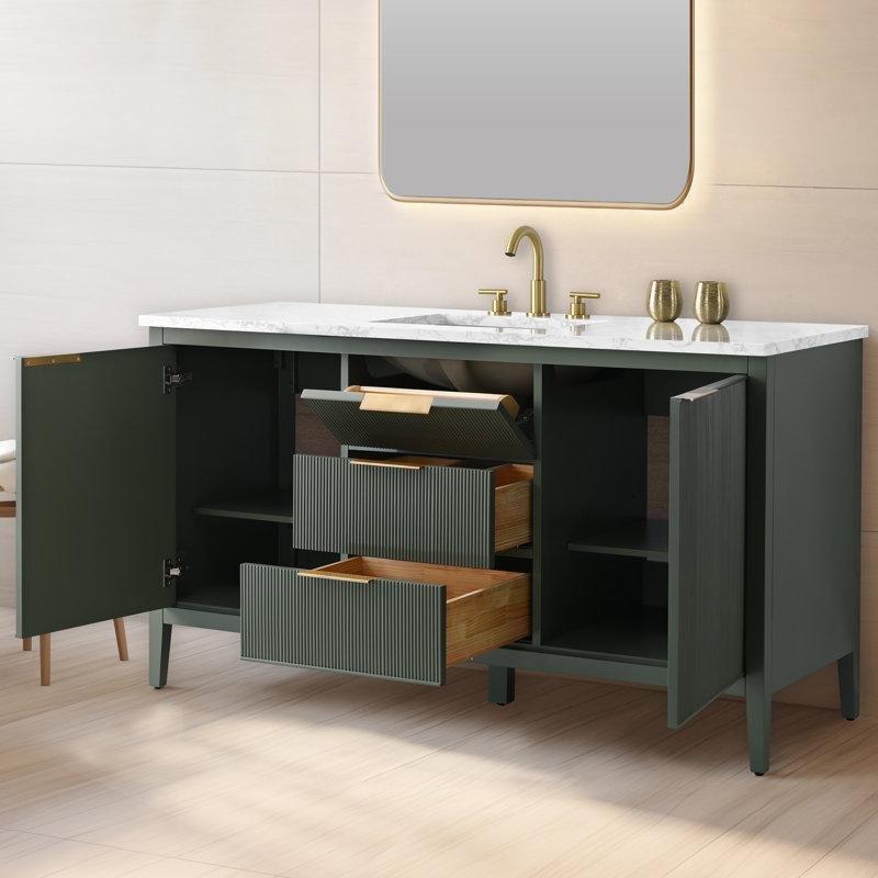 Vintage Yeşil Masif Ahşap ve MDF Yivli Yavaş Kapanır Çekmeceli Banyo Lavabo Dolabı - 153 cm - 198095