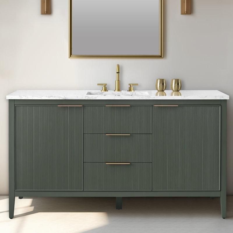 Vintage Yeşil Masif Ahşap ve MDF Yivli Yavaş Kapanır Çekmeceli Banyo Lavabo Dolabı - 153 cm - 198095