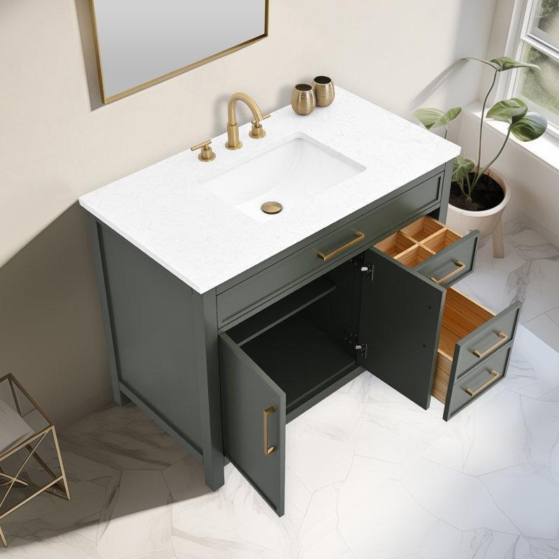 Vintage Yeşil Masif Ahşap Yavaş Kapanır Çekmeceli Banyo Lavabo Dolabı - 107 cm - 198392