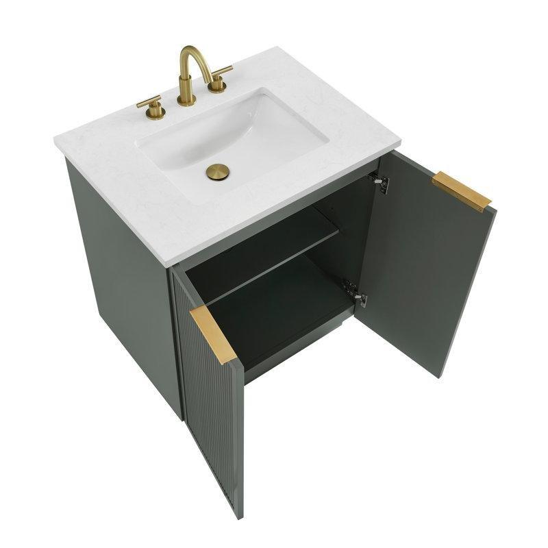 Vintage Yeşil Masif Ahşap Yivli Fırçalanmış Bronz Kulplu Banyo Lavabo Dolabı - 77 cm - 199588