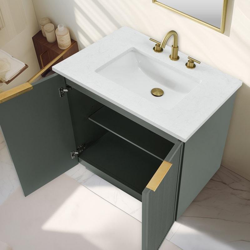 Vintage Yeşil Masif Ahşap Yivli Fırçalanmış Bronz Kulplu Banyo Lavabo Dolabı - 77 cm - 199588