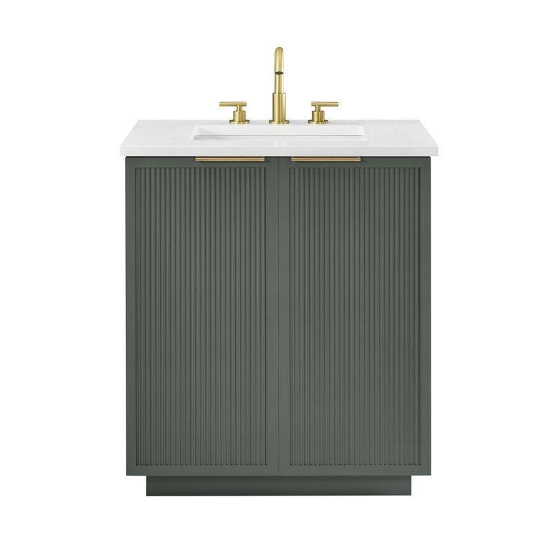 Vintage Yeşil Masif Ahşap Yivli Fırçalanmış Bronz Kulplu Banyo Lavabo Dolabı - 77 cm - 199588