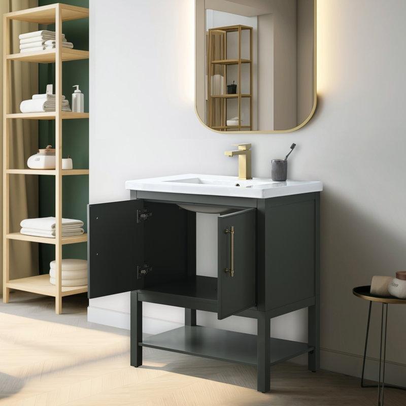 Vintage Yeşil Masif Kavak Ahşap Seramik Tezgahlı Açık Raflı Banyo Lavabo Dolabı - 76 cm - 198166