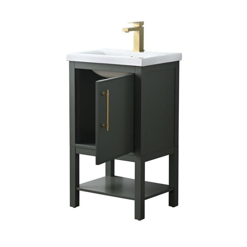 Vintage Yeşil Masif Kavak ve Ahşap Yavaş Kapanır Kapaklı Açık Raflı Banyo Lavabo Dolabı - 52 cm - 202230