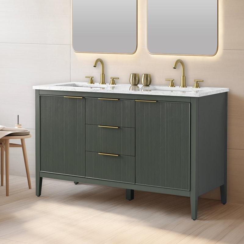 Vintage Yeşil Masif Kavak ve Çam Ağacı Yivli Tasarım Çift Lavabolu Banyo Dolabı - 138 cm - 197913