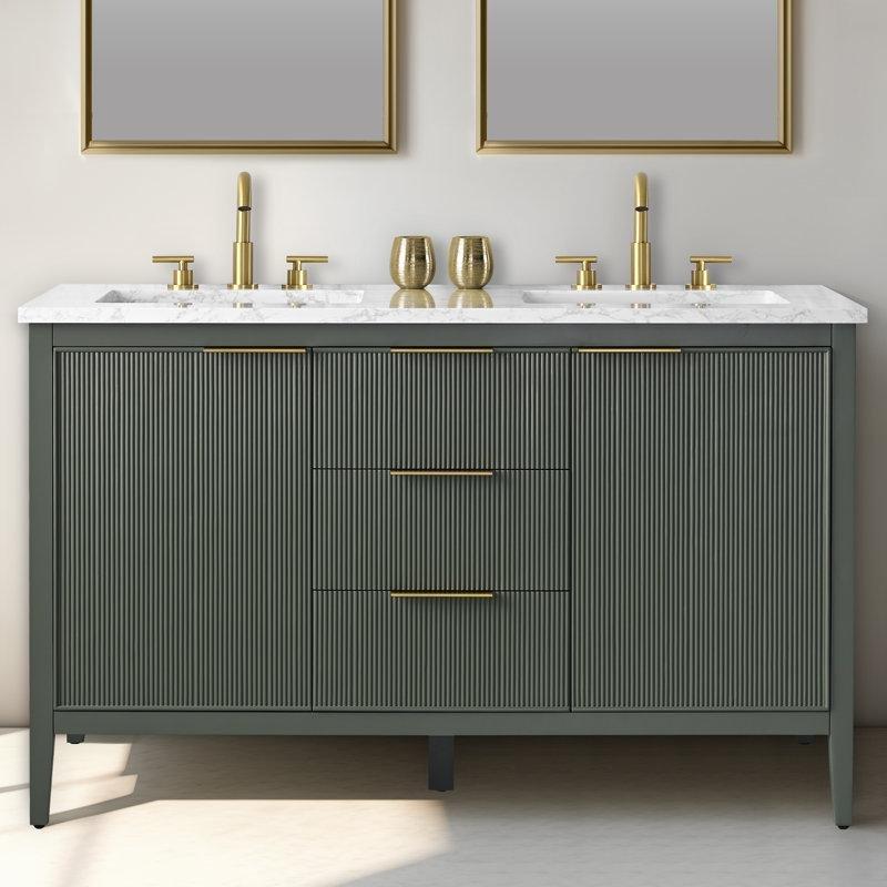 Vintage Yeşil Masif Kavak ve Çam Ağacı Yivli Tasarım Çift Lavabolu Banyo Dolabı - 138 cm - 197913