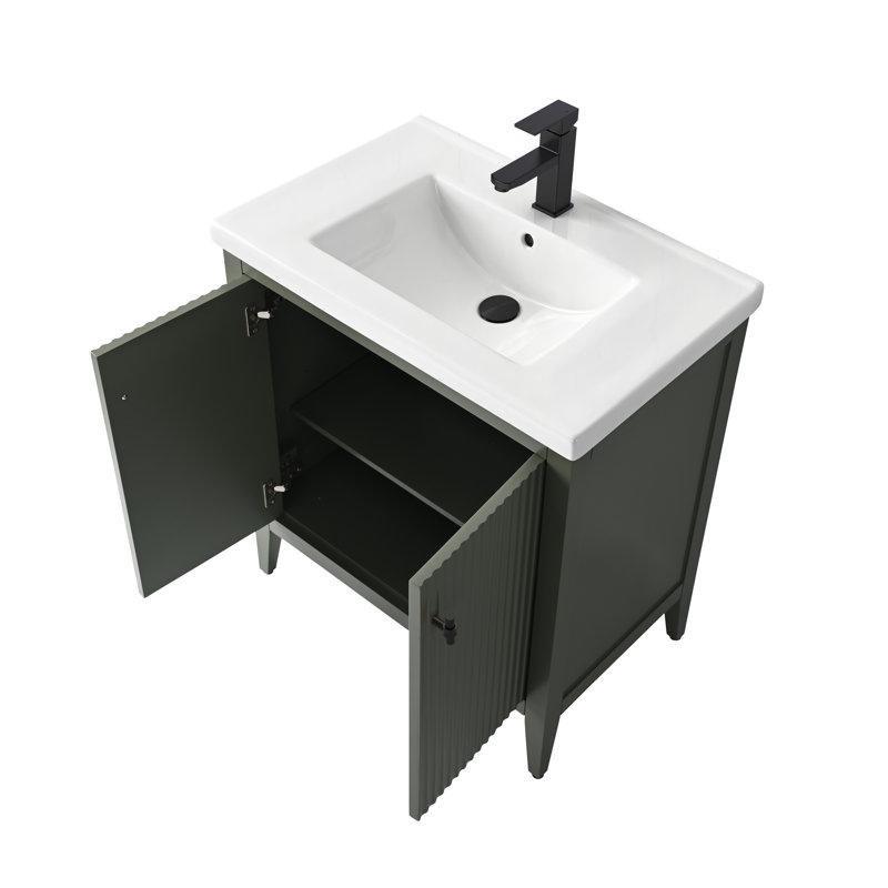 Vintage Yeşil Masif Kavak ve MDF Yavaş Kapanır Seramik Tezgahlı Banyo Lavabo Dolabı - 77 cm - 197853