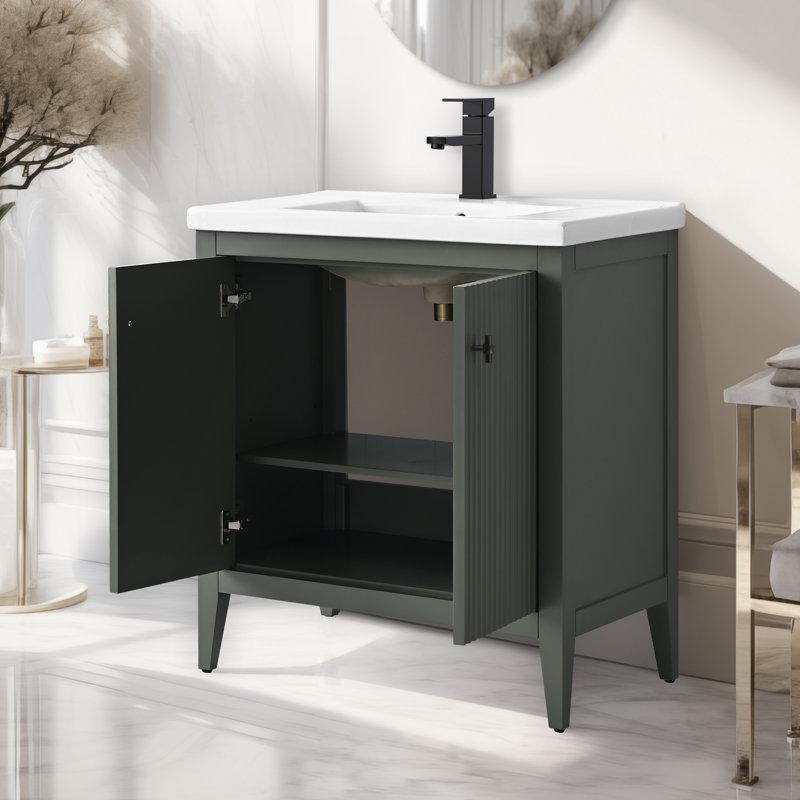 Vintage Yeşil Masif Kavak ve MDF Yavaş Kapanır Seramik Tezgahlı Banyo Lavabo Dolabı - 77 cm - 197853