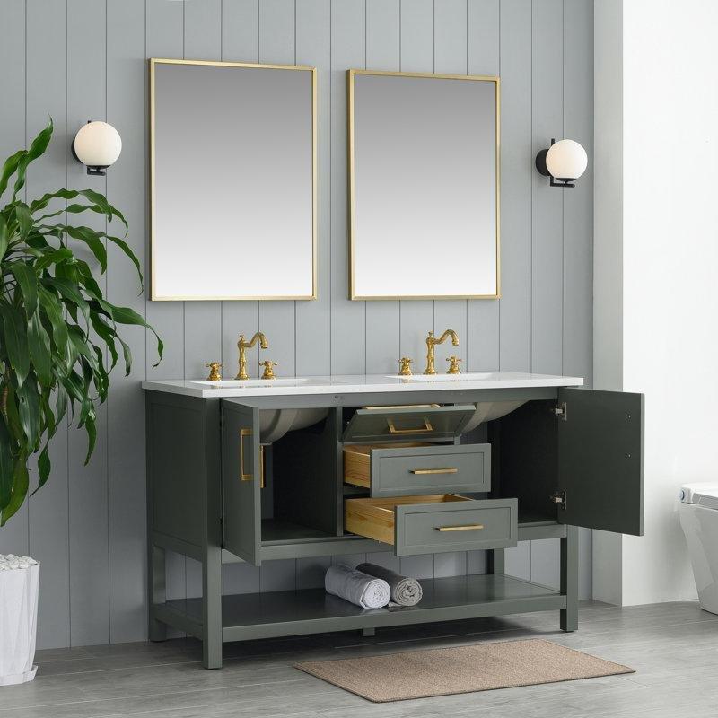 Vintage Yeşil Masif ve Endüstriyel Ahşap Ayaklı İkili Banyo Lavabo Dolabı - 138 cm - 198052