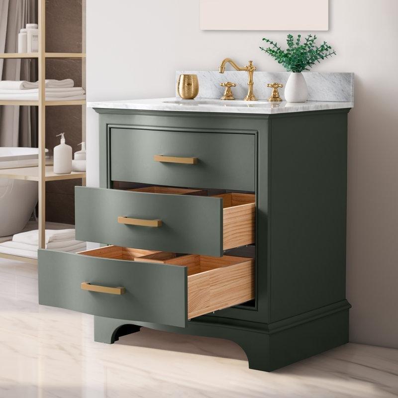 Vintage Yeşil Mermer Tezgahlı Masif Ahşap Ayaklı Çekmeceli Banyo Lavabo Dolabı - 77 cm - 202102