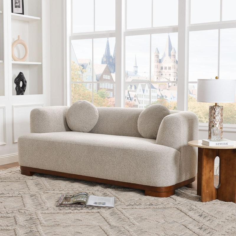 Vizon Bukle Kumaş Masif Ahşap Yuvarlak Hatlı İkili Koltuk - 192 cm - 208124