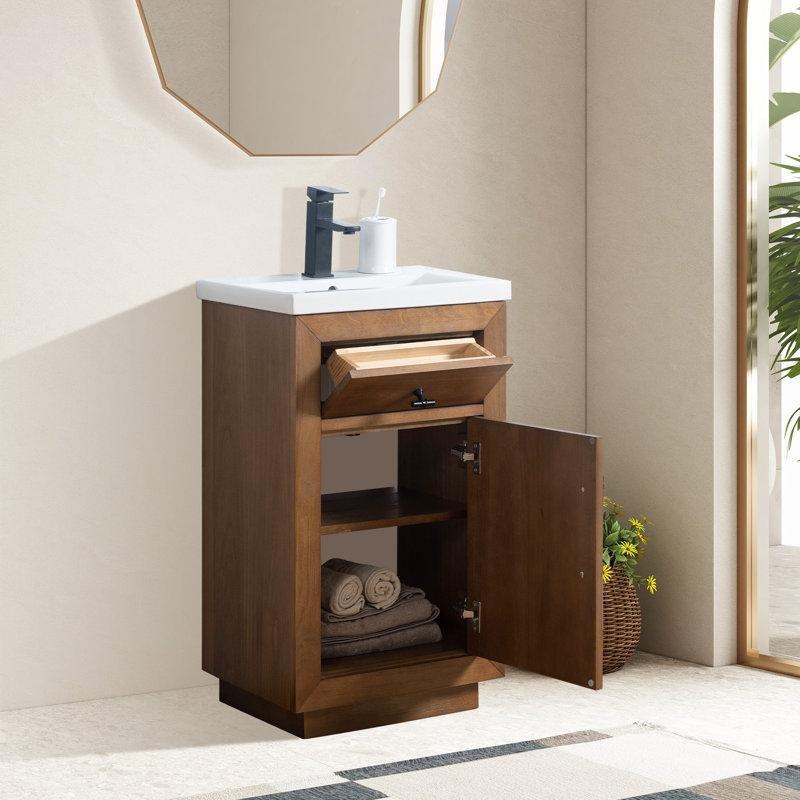 Vizon Masif Kavak Ahşap Seramik Tezgahlı ve Yavaş Kapanır Banyo Lavabo Dolabı - 52 cm - 199379