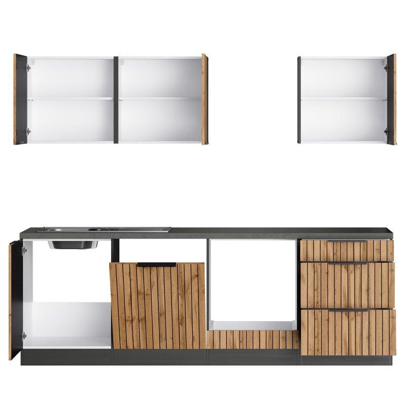 Wotan Meşe ve Grafit Suntalam Akustik Panel Tasarımlı Paslanmaz Çelik Evyeli Hazır Mutfak - 240 cm - 185114