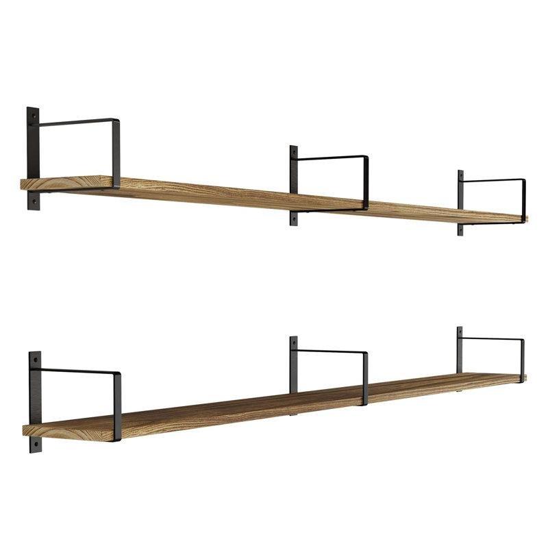 Yanık Ahşap Masif Pavlonya Metal Ayaklı 2li Set Duvar Mutfak Rafı - 153 cm - 163846