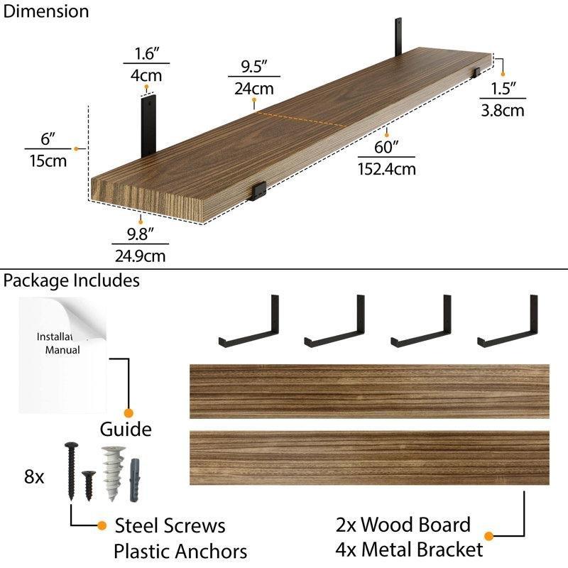 Yanık Kahverengi Masif Paulownia Ahşap İkili Set Duvar Rafı - 153 cm - 179890