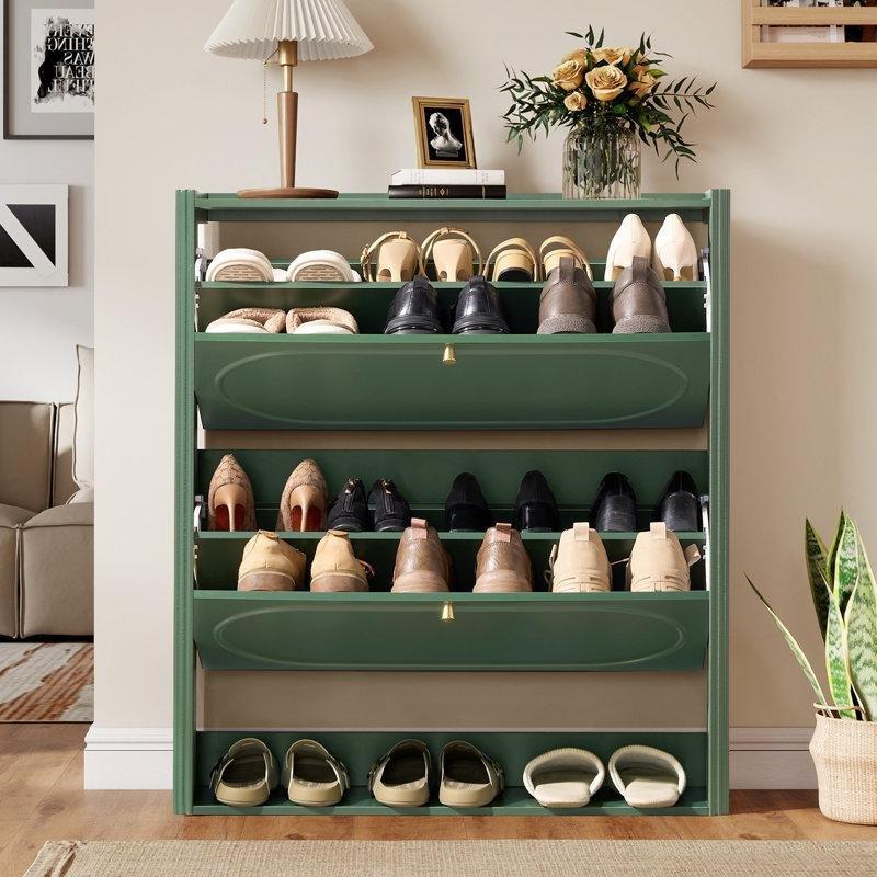 Yeşil Ahşap 2 Düşer Kapaklı 20 Çift Kapasiteli İnce Tasarım Ayakkabılık - 80x25 cm - 229075