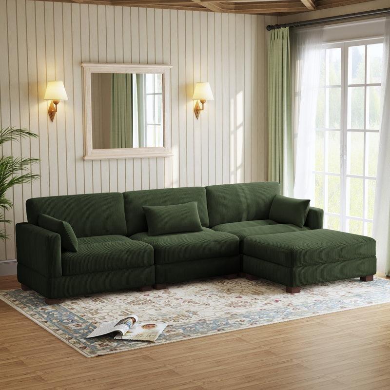 Yeşil Fitilli Kadife Ayarlanabilir Başlıklı Modüler Puflu Köşe Koltuk Takımı - 193467