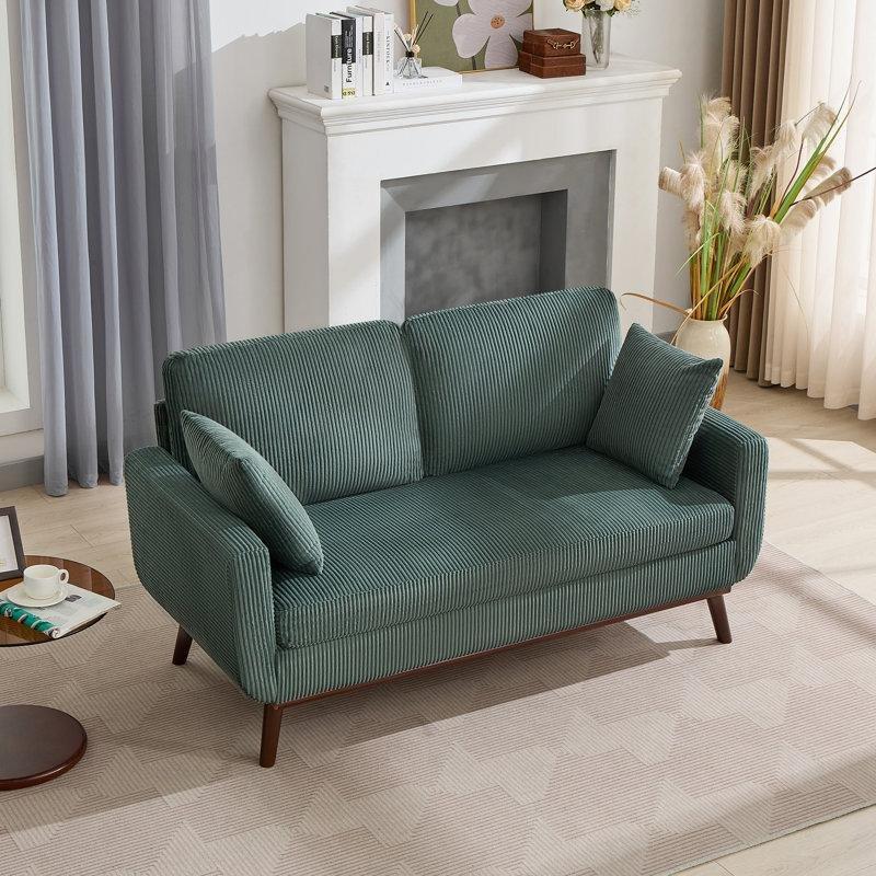 Yeşil Fitilli Kadife Kumaş Masif Ahşap Ayaklı 2 Kırlentli İkili Koltuk - 167 cm - 196814