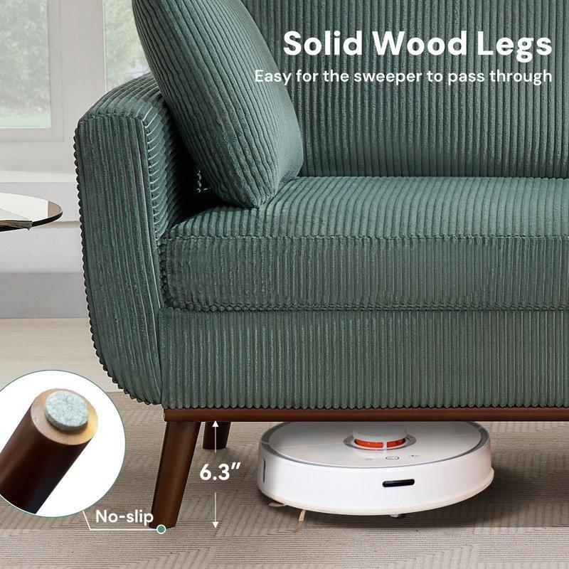 Yeşil Fitilli Kadife Kumaş Masif Ahşap Ayaklı 2 Kırlentli İkili Koltuk - 167 cm - 196814