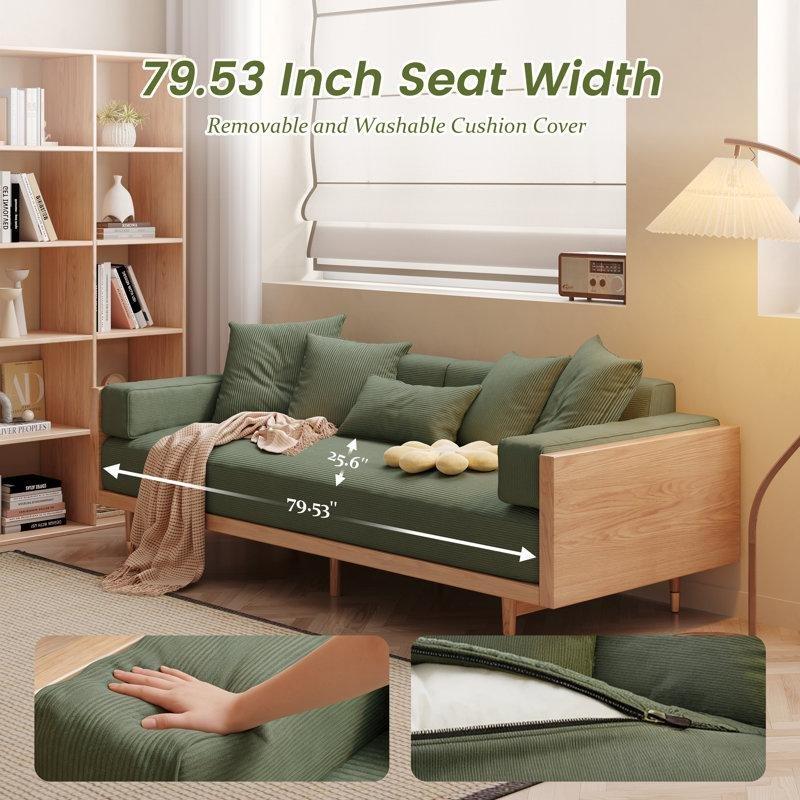 Yeşil Fitilli Kadife Kumaş Masif Ahşap Ayaklı 3 Kişilik Köşeli Kolçaklı Koltuk - 210 cm - 196993