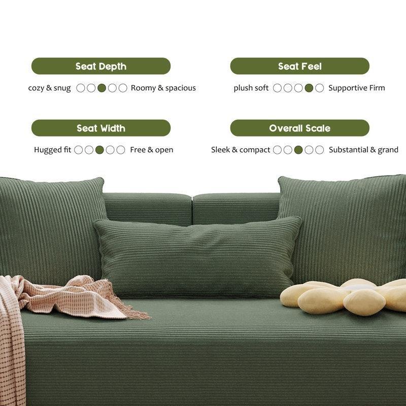 Yeşil Fitilli Kadife Kumaş Masif Ahşap Ayaklı 3 Kişilik Köşeli Kolçaklı Koltuk - 210 cm - 196993