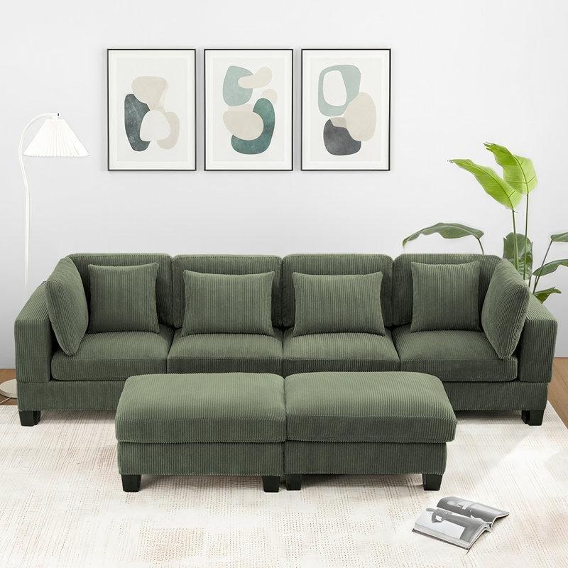 Yeşil Fitilli Kadife Kumaş Modüler Puflu U Köşe Koltuk Takımı - 250 cm - 194503