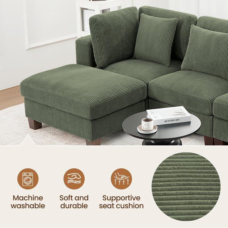 Yeşil Fitilli Kadife Kumaş Modüler Puflu U Köşe Koltuk Takımı - 250 cm - 194503