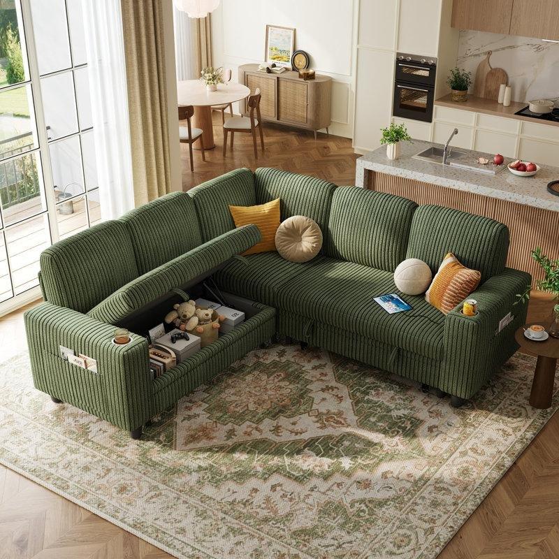 Yeşil Fitilli Kadife Kumaş Yataklı Sandıklı USB Şarjlı Modüler Köşe Koltuk Takımı - 206x206 cm - 194770