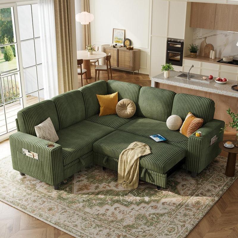 Yeşil Fitilli Kadife Kumaş Yataklı Sandıklı USB Şarjlı Modüler Köşe Koltuk Takımı - 206x206 cm - 194770