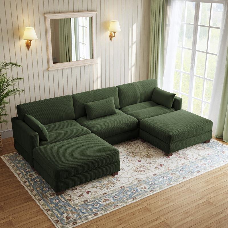 Yeşil Fitilli Kadife Masif Ahşap Ayaklı Yönü Değiştirilebilir Modüler U Köşe Koltuk Takımı - 314x173 cm - 193141