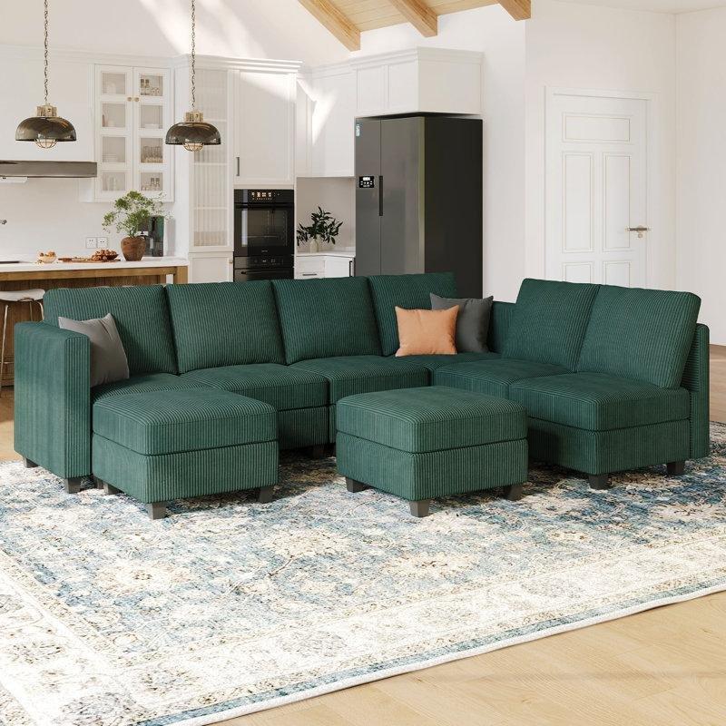 Yeşil Fitilli Kadife Modüler Saklama Alanlı U Köşe Koltuk Takımı - 192778