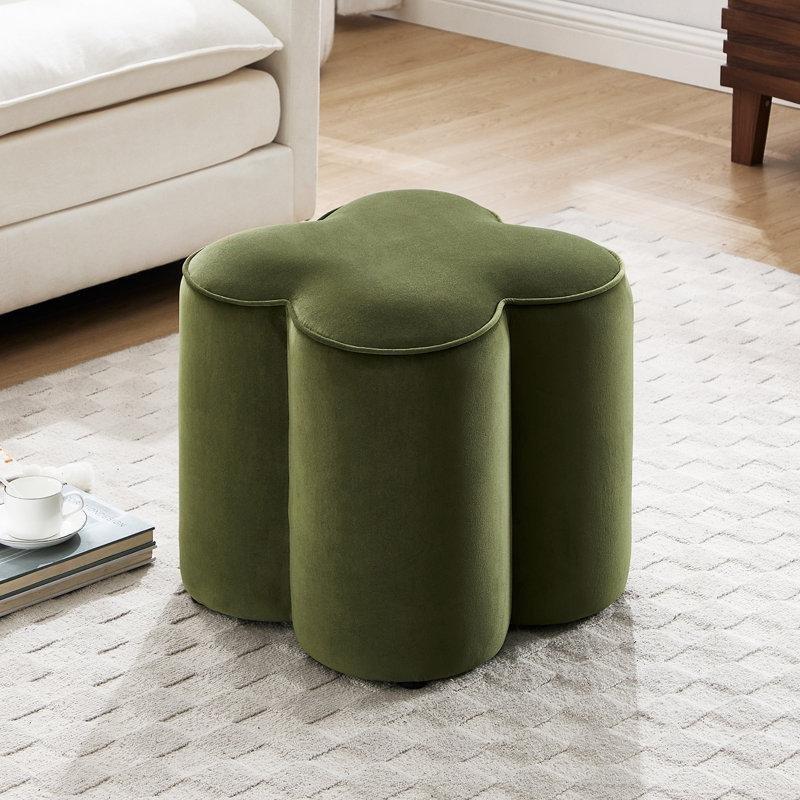 Yeşil Kadife Çiçek Tasarımlı Yuvarlak Puf - 47x44 cm - 164788