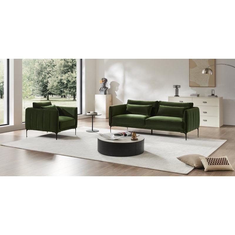 Yeşil Kadife Kumaş Metal Ayaklı Yüzyıl Ortası Tasarım Koltuk Takımı - 191359