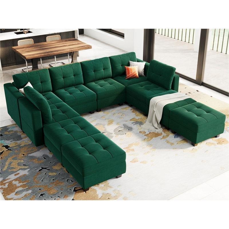Yeşil Kadife Masif Ahşap Sandıklı Yataklı Modüler U Köşe Koltuk Takımı - 297 cm - 193460