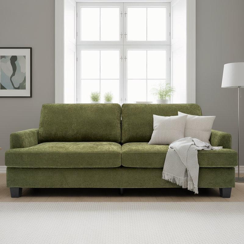 Yeşil Keten Dokulu Kumaş İçe Gömülü Kolçaklı 3 Kişilik Koltuk - 214 cm - 197472