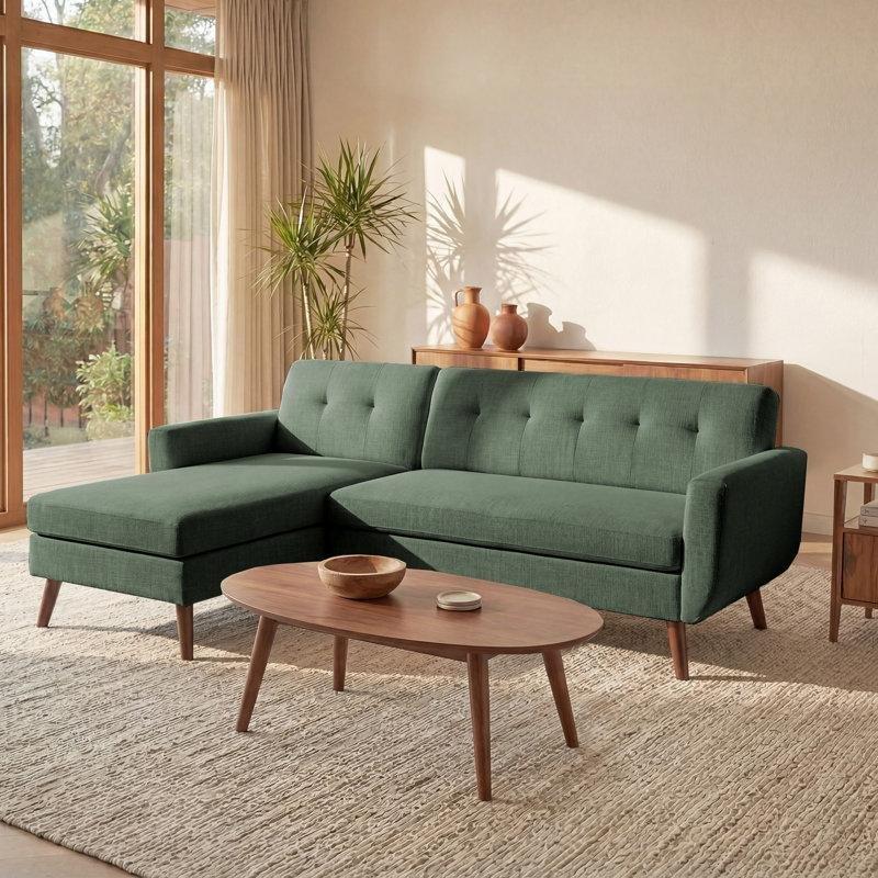 Yeşil Keten Kumaş Kapitoneli Yönü Değiştirilebilir Köşe Koltuk - 204 cm - 194615