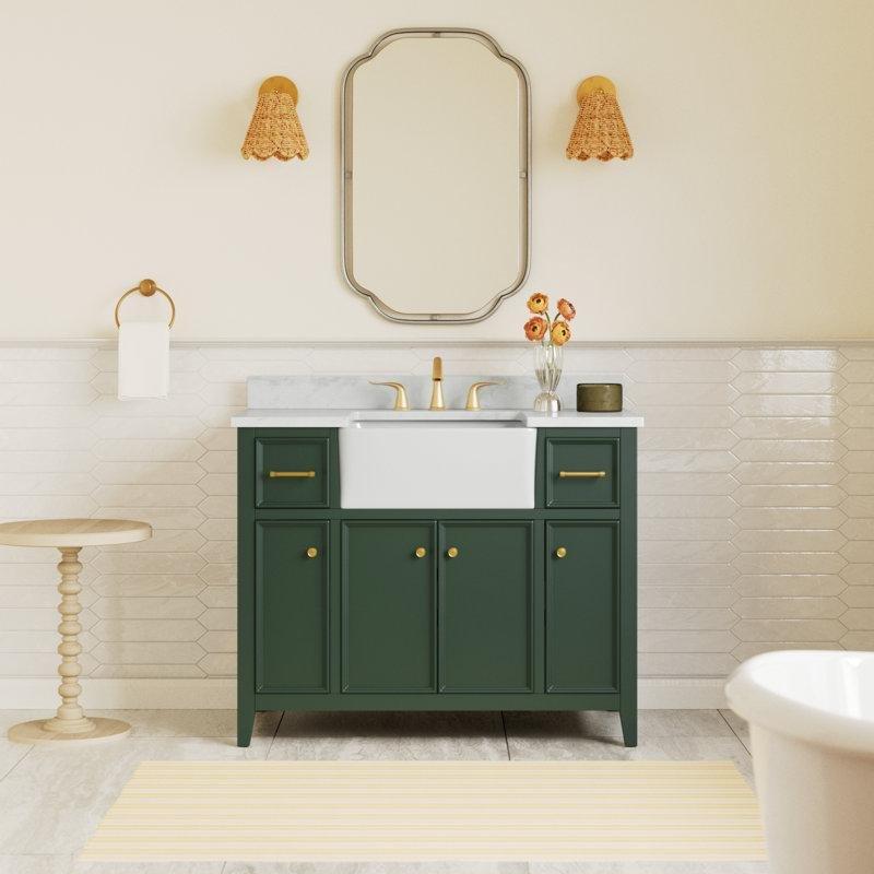 Yeşil Masif Ahşap Çekmeceli Ayaklı Seramik Lavabolu Banyo Lavabo Dolabı - 107 cm - 199898