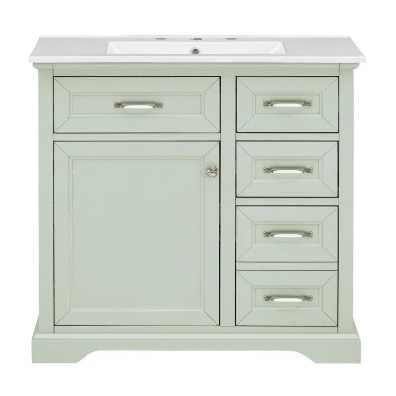 Yeşil Masif ve MDF Ahşap Seramik Lavabolu Yavaş Kapanır Çekmeceli Banyo Dolabı - 92 cm - 198315