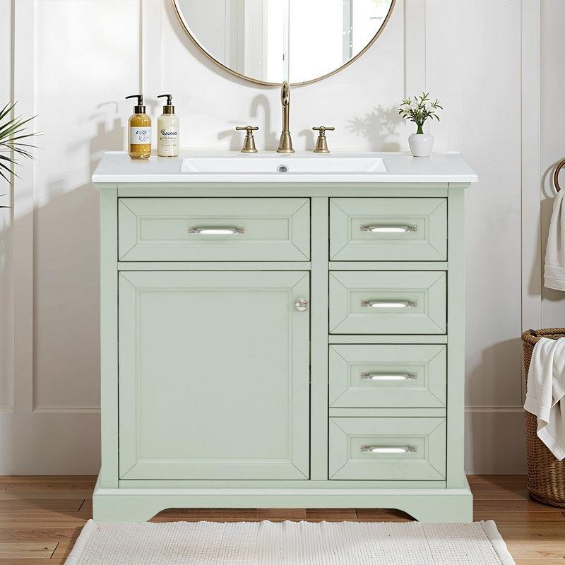 Yeşil Masif ve MDF Ahşap Seramik Lavabolu Yavaş Kapanır Çekmeceli Banyo Dolabı - 92 cm - 198315