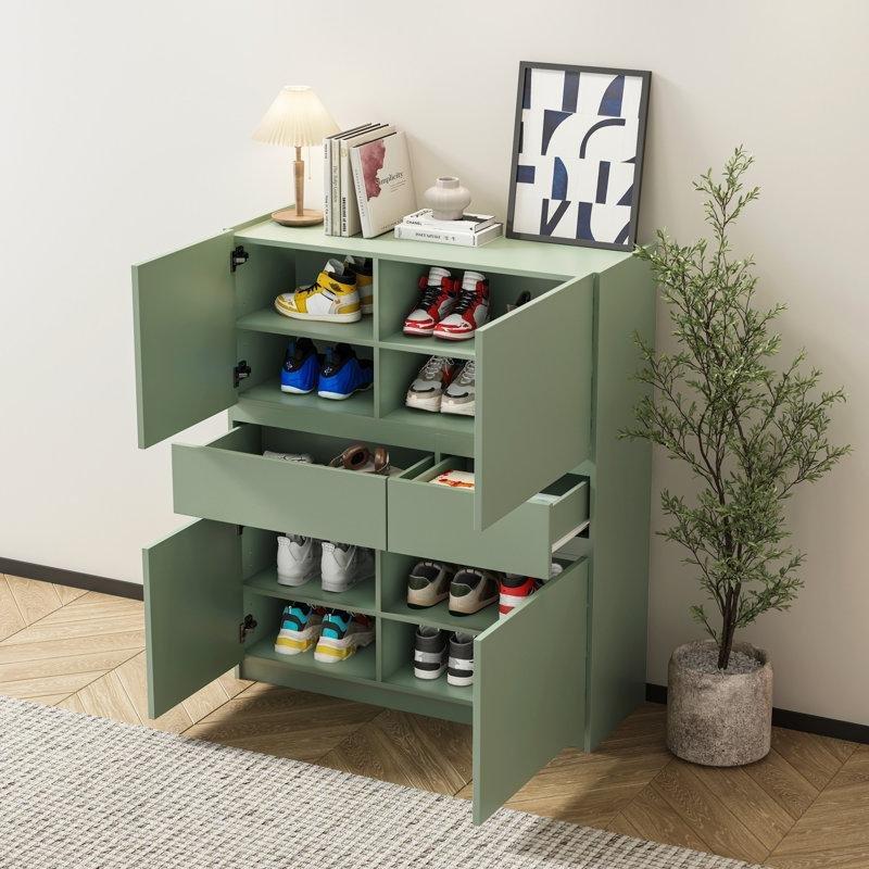 Yeşil MDF 4 Kapaklı 2 Çekmeceli Ayakkabılık - 100 cm - 228309