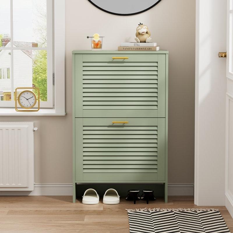 Yeşil MDF Panjur Kapaklı Düşer Kapaklı Ayakkabılık - 60x24x97 cm - 229104