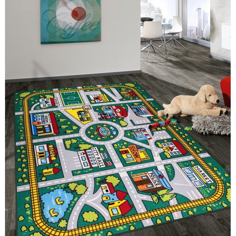 Yeşil Naylon Kaymaz Tabanlı Eğitici Şehir Yolu Oyun Halısı - 153x214 cm - 182388