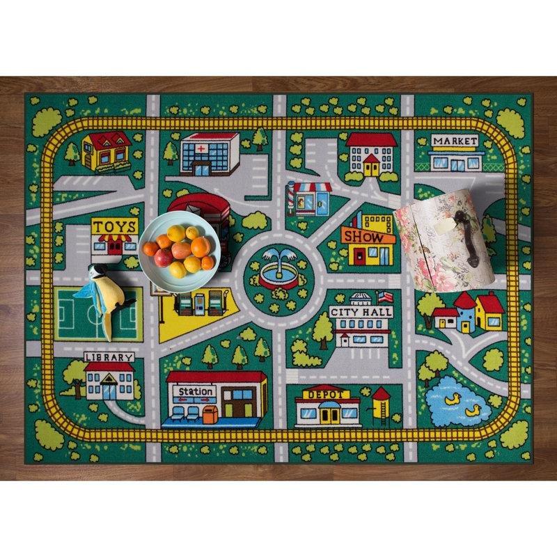 Yeşil Naylon Kaymaz Tabanlı Eğitici Şehir Yolu Oyun Halısı - 153x214 cm - 182388