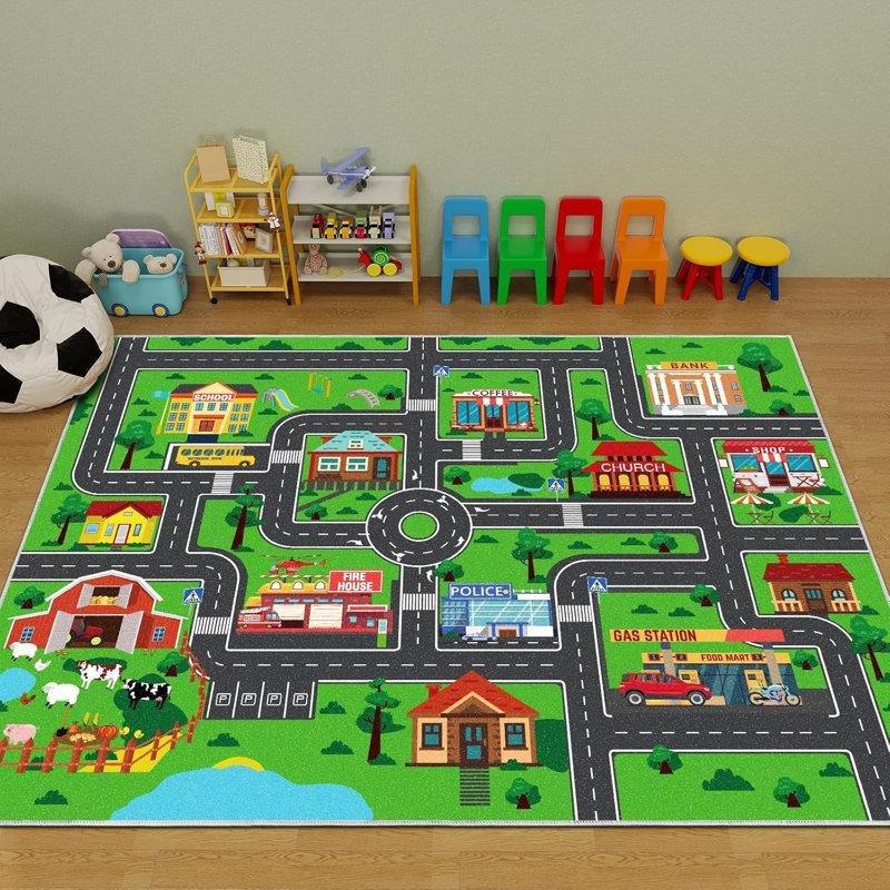 Yeşil Polyester Kaymaz Tabanlı Şehir Temalı Eğitici Oyun Halısı - 150x200 cm - 182410