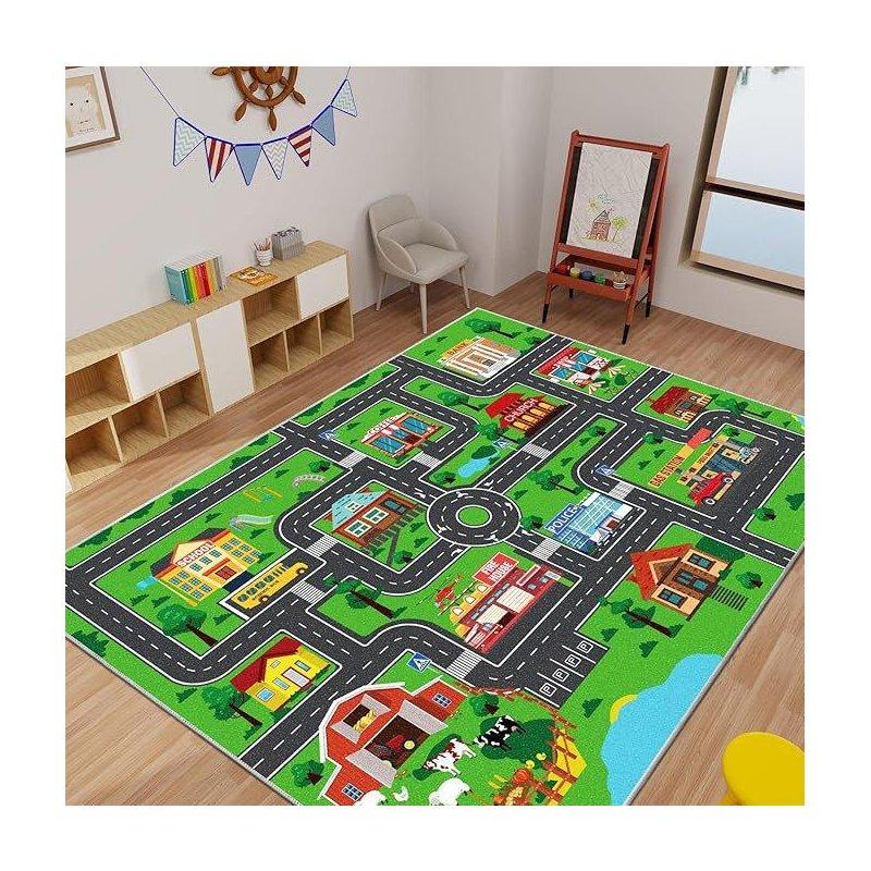Yeşil Polyester Kaymaz Tabanlı Şehir Temalı Eğitici Oyun Halısı - 150x200 cm - 182410
