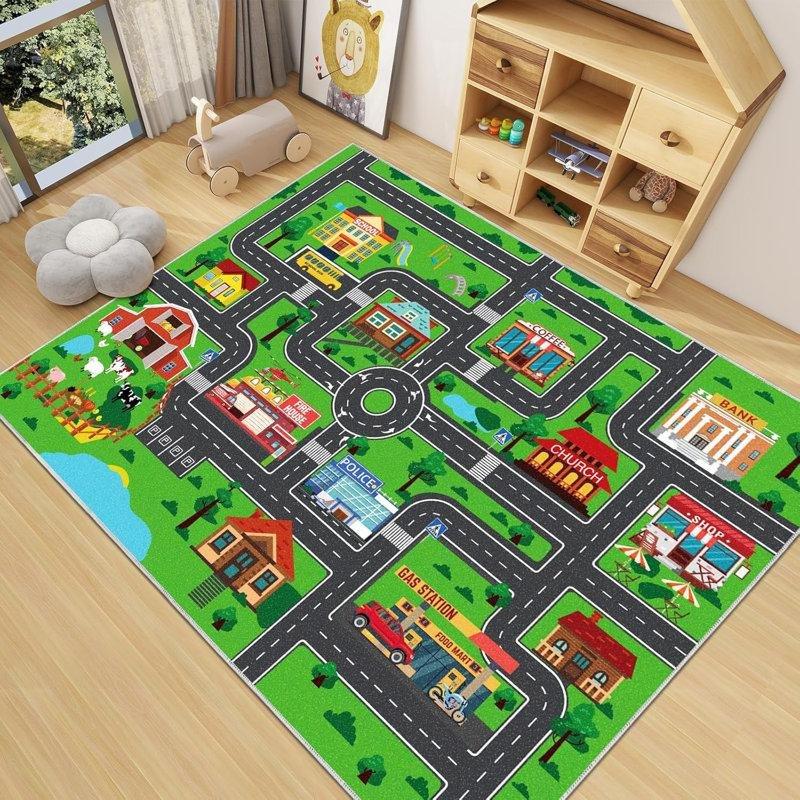 Yeşil Polyester Kaymaz Tabanlı Şehir Temalı Eğitici Oyun Halısı - 150x200 cm - 182410
