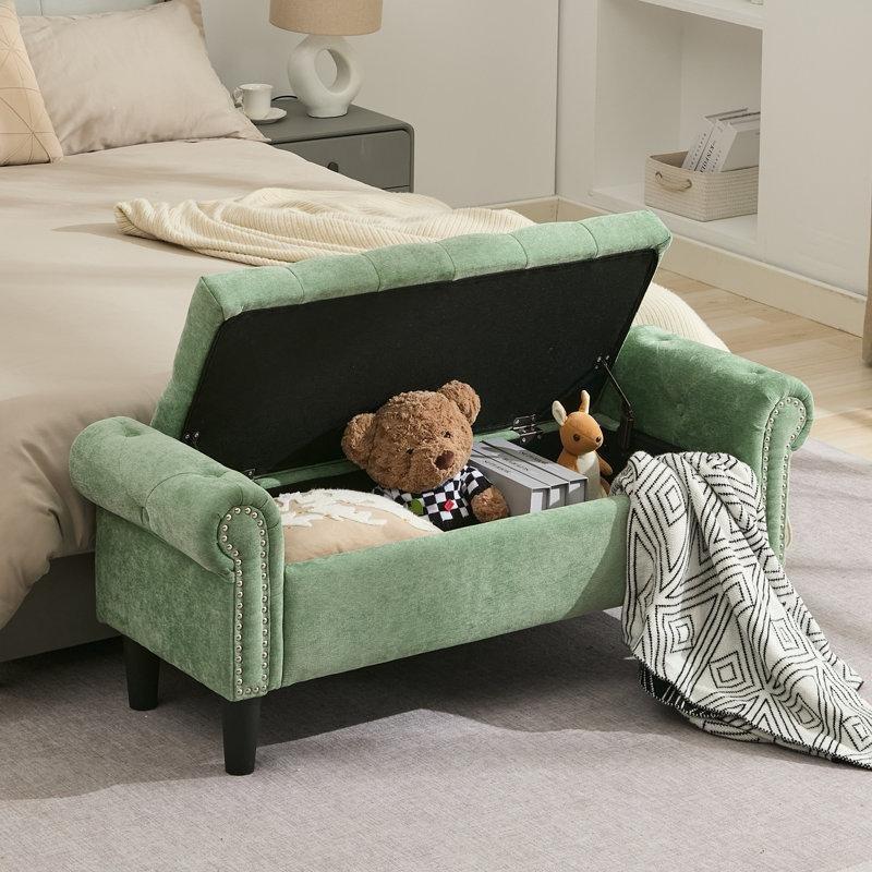 Yeşil Şönil Kapitoneli Sandıklı Kollu Meşe Bench - 126 cm - 164584