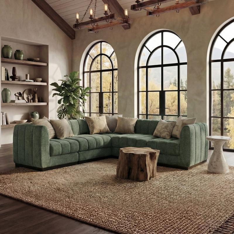 Yeşil Şönil Kumaş Masif Ahşap Bazalı Modüler Köşe Koltuk Takımı - 244 cm - 193771